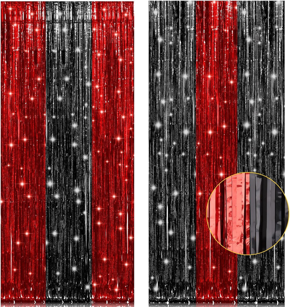 , 2 Pack 3.2X8.2 Feet Black and Red Foil Fringe Curtains Party Decorations, Tins