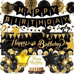 Gold Black Birthday Decorations, Happy Birthday Banner, Backdrop, Balloons, H…