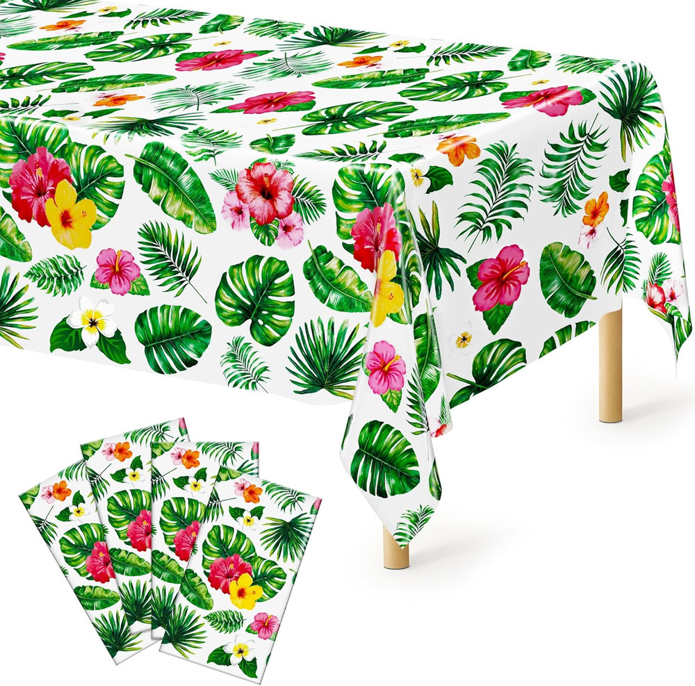 4Pcs Luau Party Decorations, 108″ X 54″ Floral Leaf Tablecloth, Disposable Plast