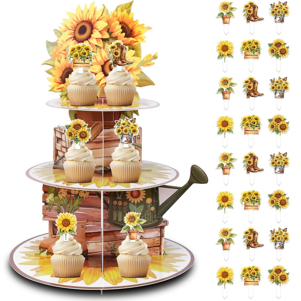 Yellow Sunflower Party Cupcake Decorations Set with 1PCS 3-Tier Gardening Cup…