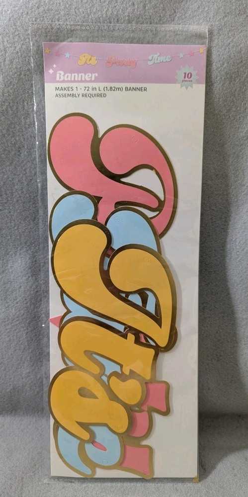 It’s Party Time String Banner Retro Font 72” Pink Blue Yellow Trimmed In Gold