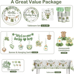 Xynic 201PCS Greenery Baby Shower Decorations Boy Tableware Set, 25 Serves Dispo