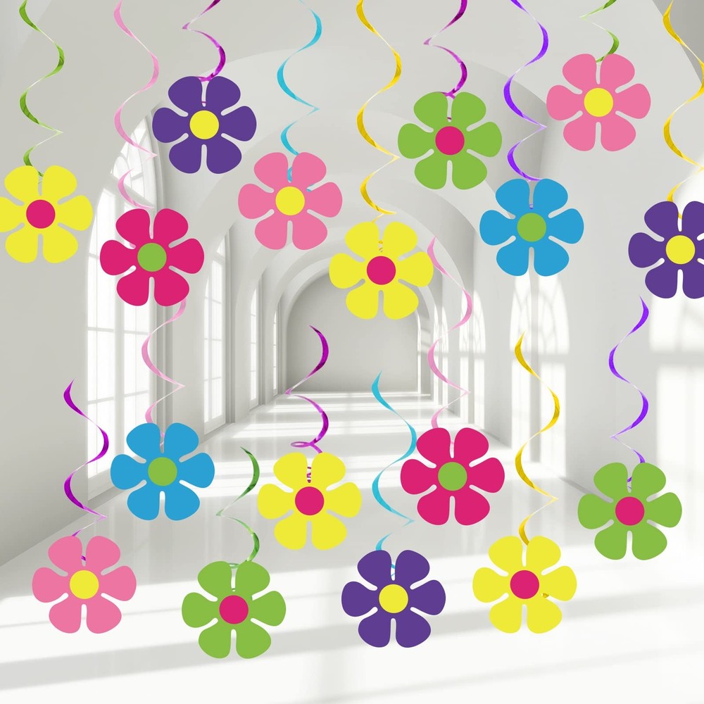 60s Hippie Party Foil Swirl Decorations Retro Flower Ceiling Hanging Swirls B…