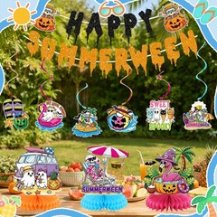 10PCS Happy Summerween Party Decorations Kit, Glitter Summer Halloween Banner…
