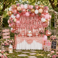 Rose Gold Birthday Decorations with Metallic Rose Gold Confetti Pink White Nude