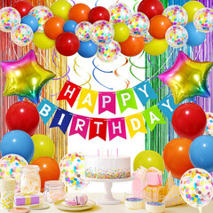 Multicolored Rainbow Birthday Party Decorations Pack with Banner, Balloons, Conf