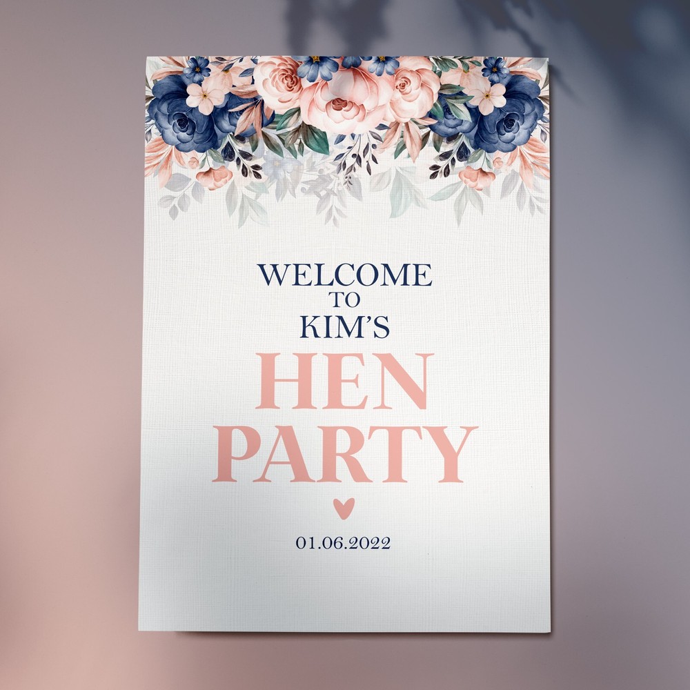 Personalised Navy & Pink Floral Welcome To My Hen Party Sign Poster (KP80)