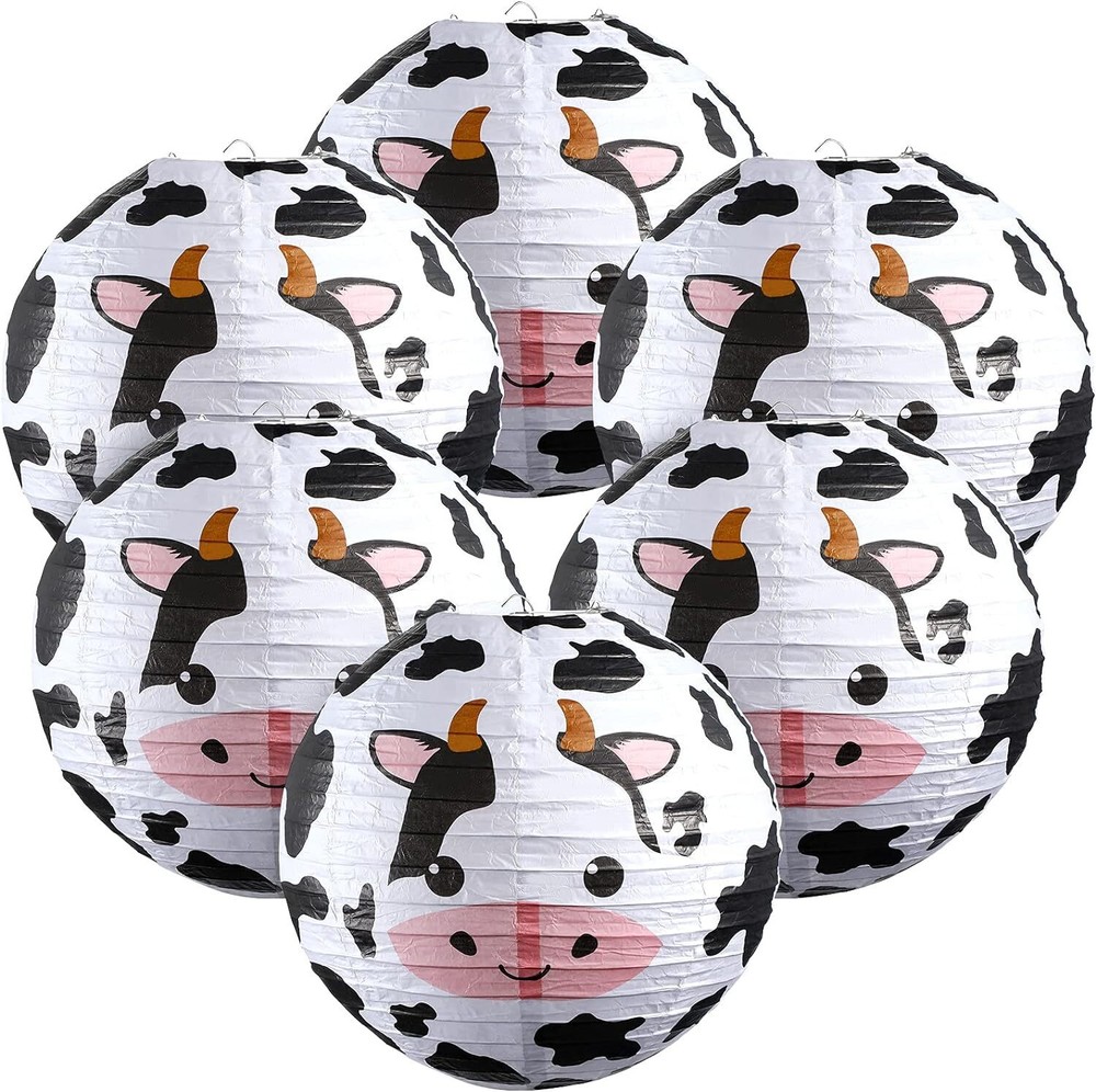 6 Pieces Cow Party Decorations Farm Paper Lanterns Brown, White, Black