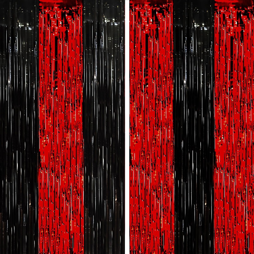 2 PCS Red And Black Tinsel Foil Fringe Curtains Metallic Streamers Backdrop