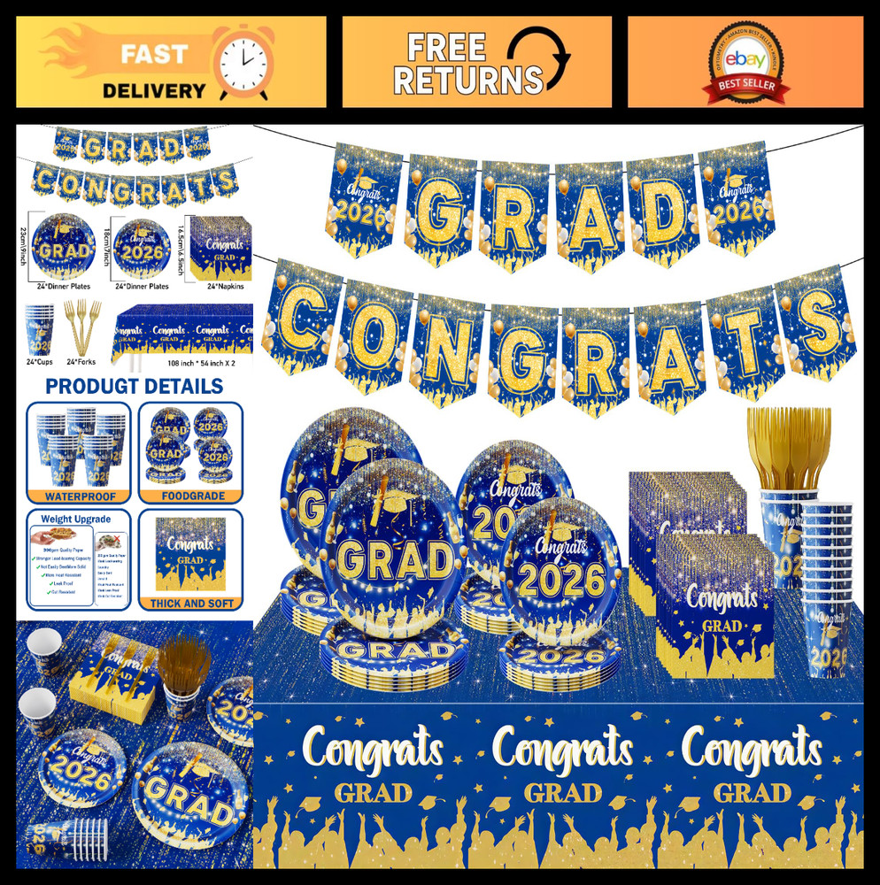 123 Pcs Blue Gold Graduation Decorations 2026 Set – Tablecloth, Plates, Cups, Ba
