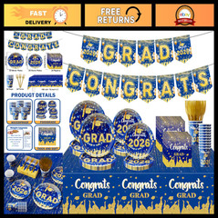 123 Pcs Blue Gold Graduation Decorations 2026 Set – Tablecloth, Plates, Cups, Ba