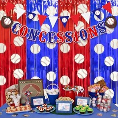 Baseball Party Decorations, Thickened Tinsel Backdrop 3.3 x 6.6 Red Blue White