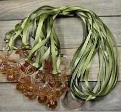 12 pcs baby shower pacifier necklaces amber color with sage green ribbon