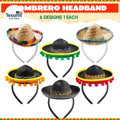 6 PCS Cinco De Mayo Fiesta Fabric and Straw Sombrero Headbands Party Costume for