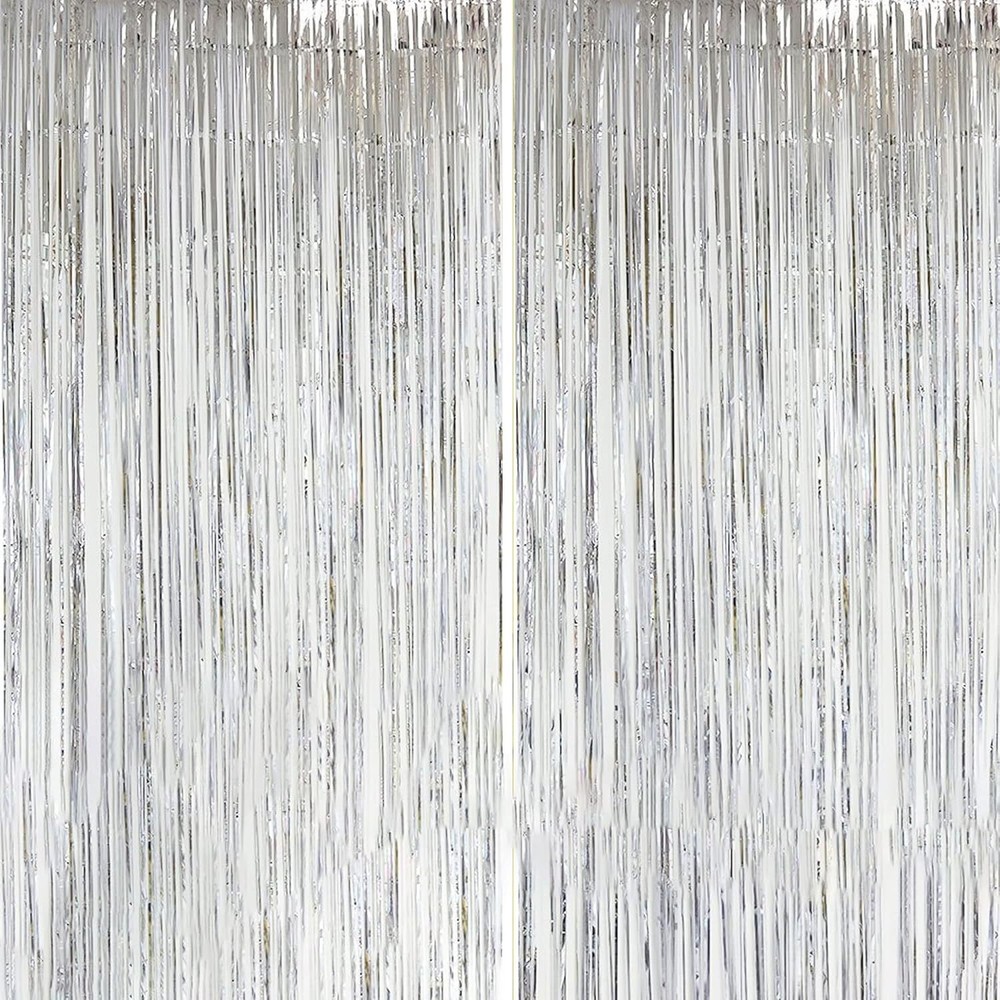 2 Pcs Silver Metallic Foil Fringe Curtains Tinsel Backdrop for Photo Booth Party
