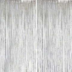 2 Pcs Silver Metallic Foil Fringe Curtains Tinsel Backdrop for Photo Booth Party