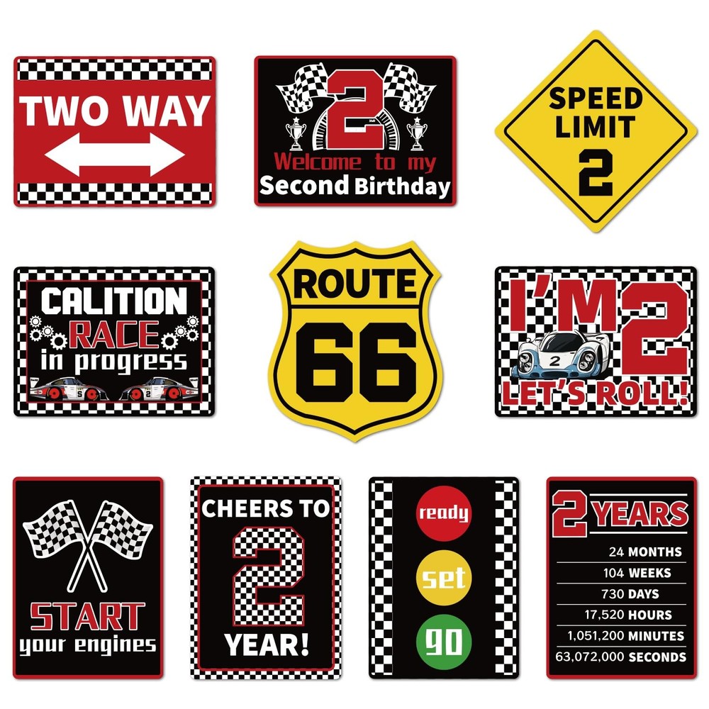 10 PCS Two Fast Birthday Decorations Boys 2nd Race Car Wall Signs Party Props