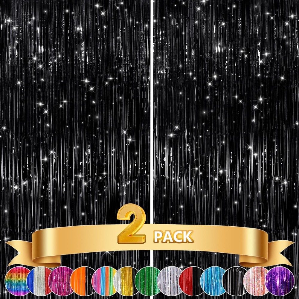 2Pack Black Metallic Tinsel Foil Fringe Curtains, Black Foil Curtain Backdrop,