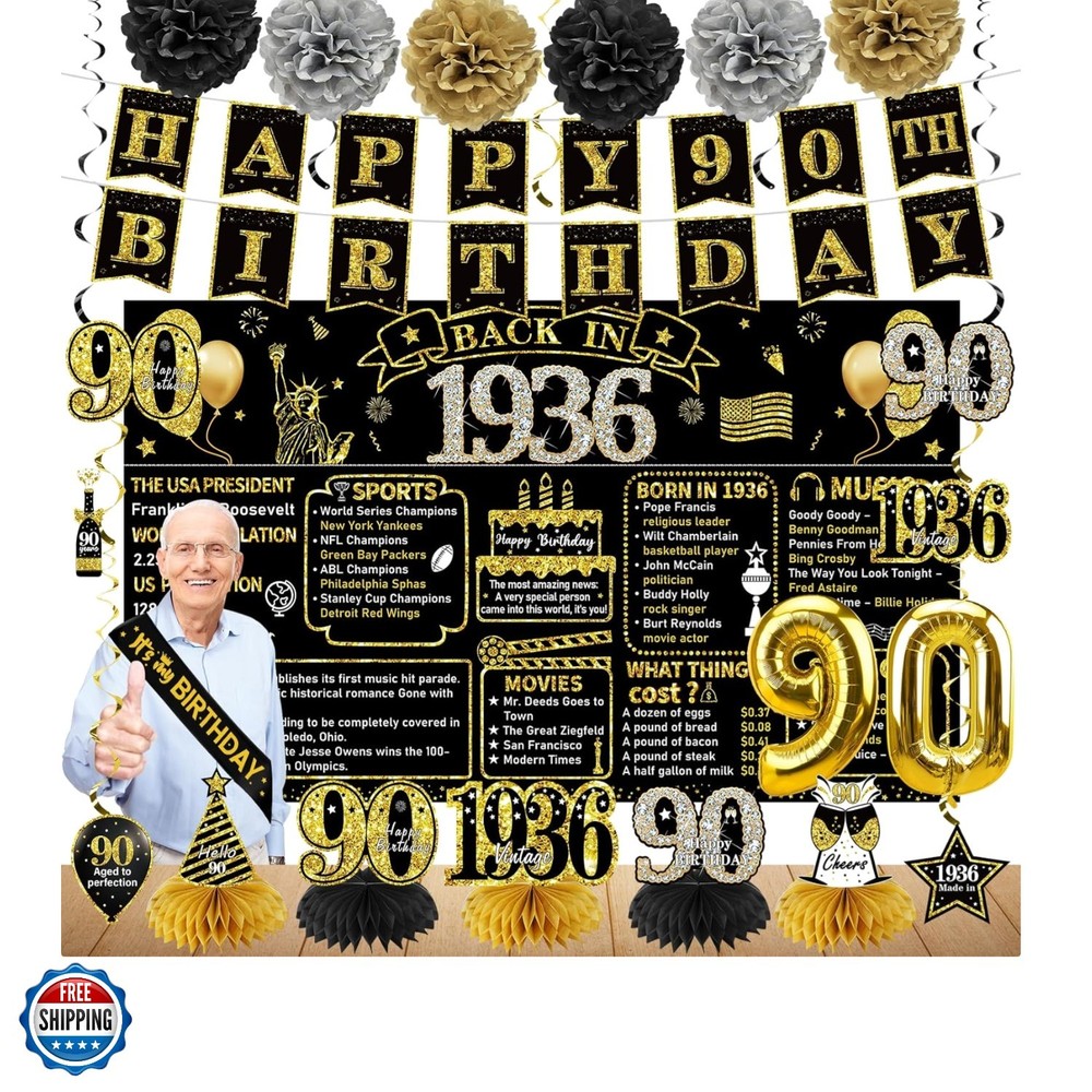 90th Birthday Decorations for Men Women, 21pcs the 1936 Banner Balloon Party…
