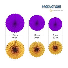Purple and Gold Round Party Hanging Paper Fans Decorations Set, Pack of 6
