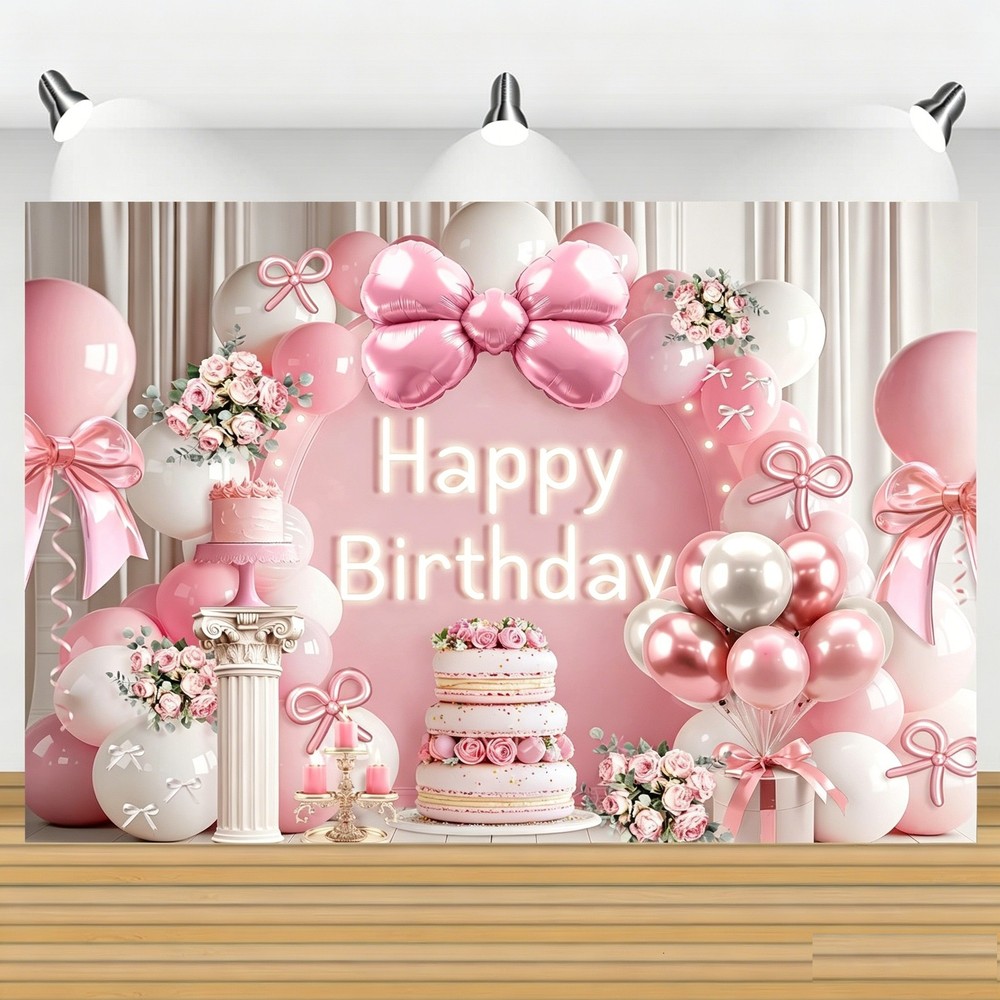Pink Bow Flower Birthday Backdrop Photo Background Party Banner Studio Decor