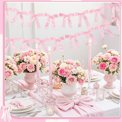 2 Pcs Pink Bow Garland Banner, Pre-Strung Pink Satin Ribbon Bow Garland Coquette