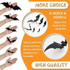 Bats Wall Decor Halloween PVC 3D Black Scary Bat Stickers Party Decor, 170Pcs