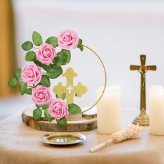 Classic Baptism Decoration Kit: 12 Wooden Crosses, Floral Hoops & 24 Roses