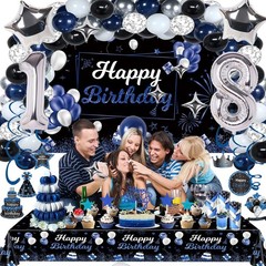 Miidenks 18th Birthday Decorations Set for Boy Men, Navy Blue Silver Black Happy