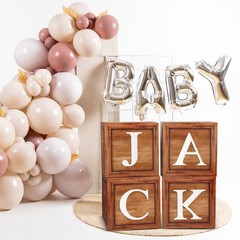 Brown Baby Balloon Boxes with 27 Letters – 4 Pcs Wooden Grain Baby Shower Blo…