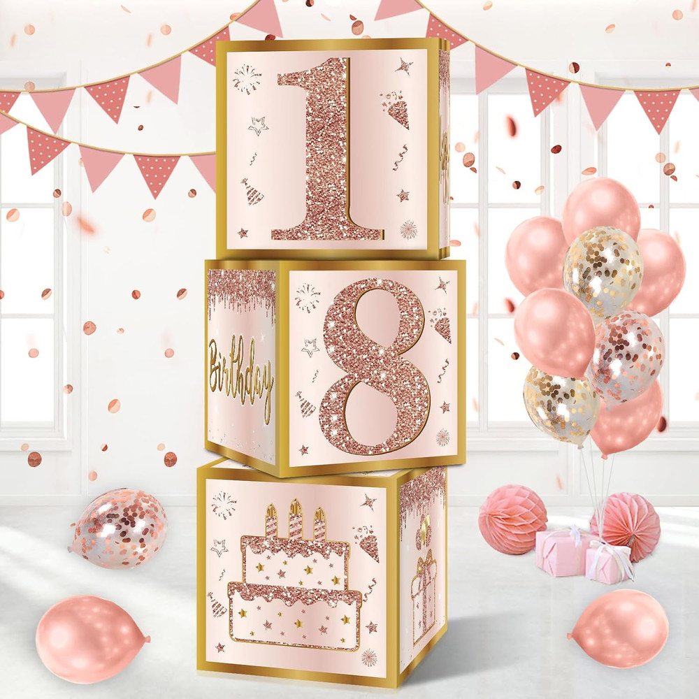 3Pcs 18th Birthday Decorations Boxes for Girls Women, Pink Rose Gold 18th Birthd