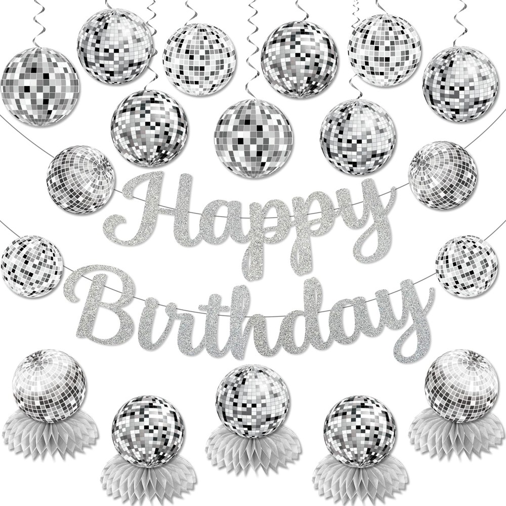 Disco Birthday Party Decorations – Silver Disco Ball Banner, Honeycomb Center…