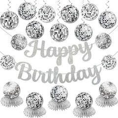 Disco Birthday Party Decorations – Silver Disco Ball Banner, Honeycomb Center…