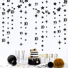 Black 10th Birthday Decorations Number 10 Circle Dot Twinkle StarStreamer Banner