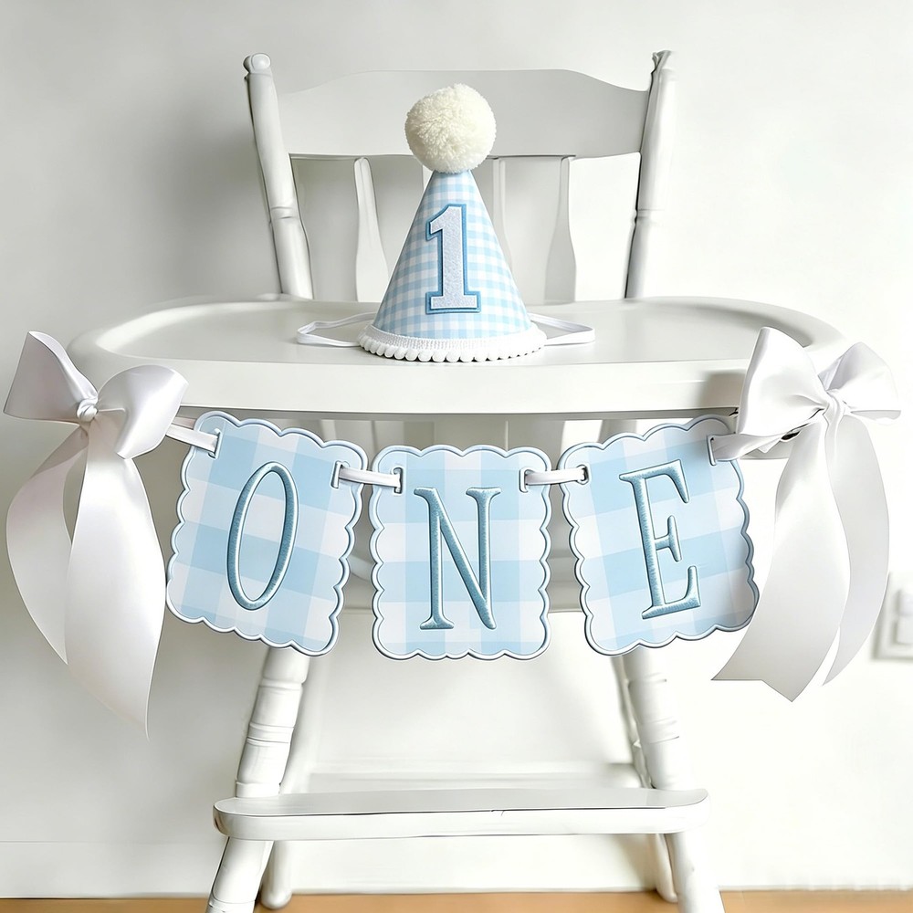 First Decorations for Boy Blue Gingham High Chair Banner & Party Hat for Year…