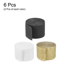 Crepe Paper 2 Inch x 27 Ft, White, Black, Gold, Pack of 6