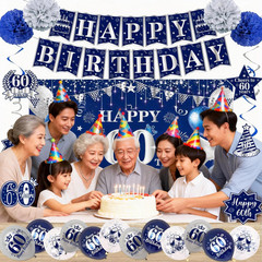 60Th Birthday Decorations for Men Women, Blue Silver Happy 60Th Birthday Banner