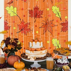 2 Pack Orange Maple Leaf Foil Fringe Curtains, 3.3×6.6 ft Fall Photo Backdrop