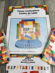 BUILDING BLOCK HAPPY BIRTHDAY PARTY KIT 7′ BANNER ,NAPKINS , 10″CENTER PIECE