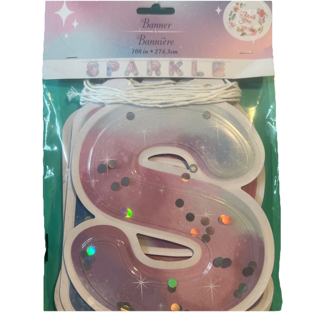 Happy Birthday Encapsulated glitter confetti “Sparkle” Banner 108 in ~ 274. 3cm