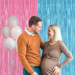 2 Pack Pink Blue Foil Curtains | Elegant Gender Reveal Backdrop, 3.28 x 7.05 FT