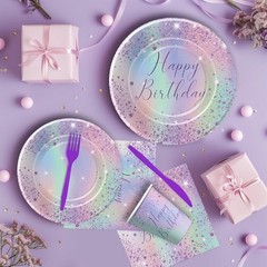Iridescent Party Decorations Tableware, Ombre Purple Holographic Birthday Par…