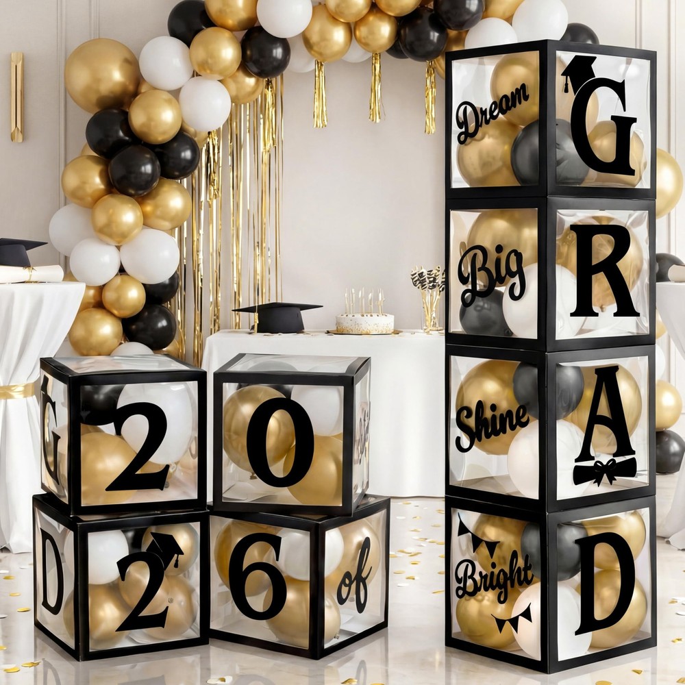 4 Pcs 2026 Graduation Balloon Boxes, Black & Gold Party Decorations with blessin