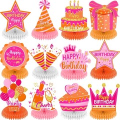 12 Pcs Orange Pink Birthday Decorations Honeycomb Centerpieces