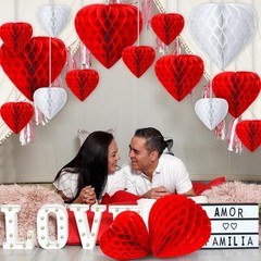 15 Pcs Valentine’s Day Hanging Decorations Heart Shaped Honeycomb Balls Paper Po