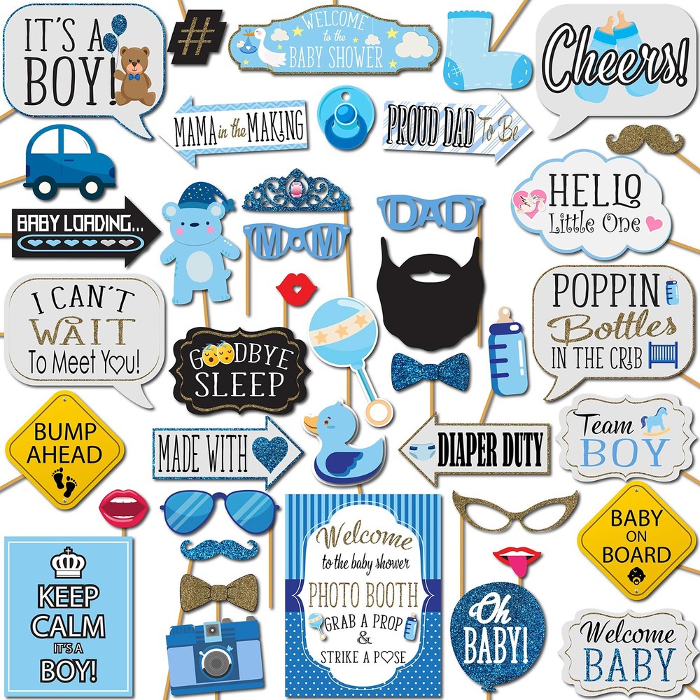 Boy Baby Shower Photo Booth Props Kit 8×10 Inch Sign Sticks 41 PCS