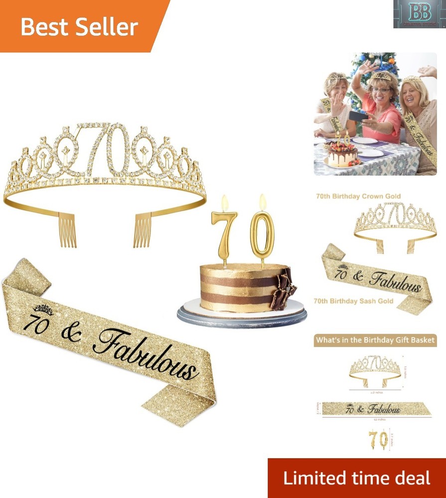 70th Birthday Tiara, Sash & Gold Number Candles for Women – Celebrate in Style