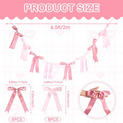 Pink Bow Garlands Banner Decoration, 2 Strings 16PCS Pre-Strung Satin Ribbon Han