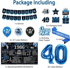 40th Birthday Decorations for Men, 20PCS Black Blue Back in 1986 Birthday Par…