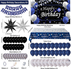 Black and Blue Birthday Decorations for Men Boys Women Girls, 75 PCS Blue and Si